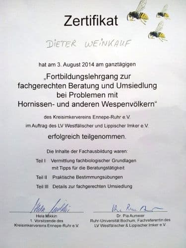 Zertifikat zur Umsiedlung von Hornissen und Wespenvölkern