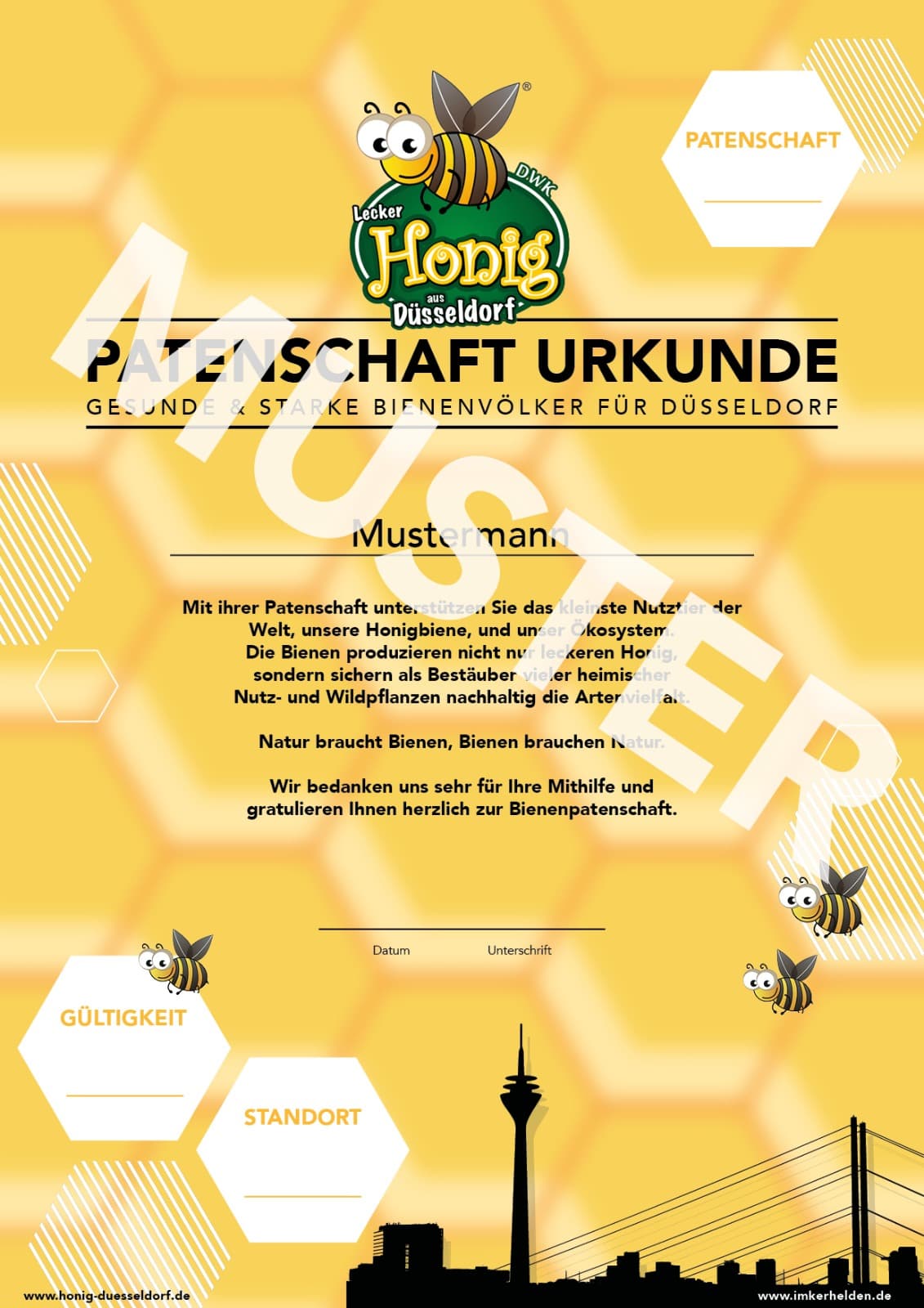Muster einer Bienenpatenschafts-Urkunde mit personalisiertem Namensfeld